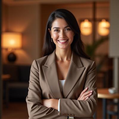 Portrait of Sofia Rodriguez, Head Concierge, a warm and elegant woman with a welcoming smile