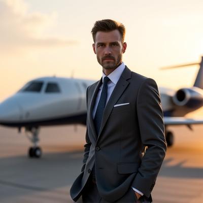 Portrait of Marcus Thorne, Head of Private Aviation, a sophisticated man standing next to a private jet