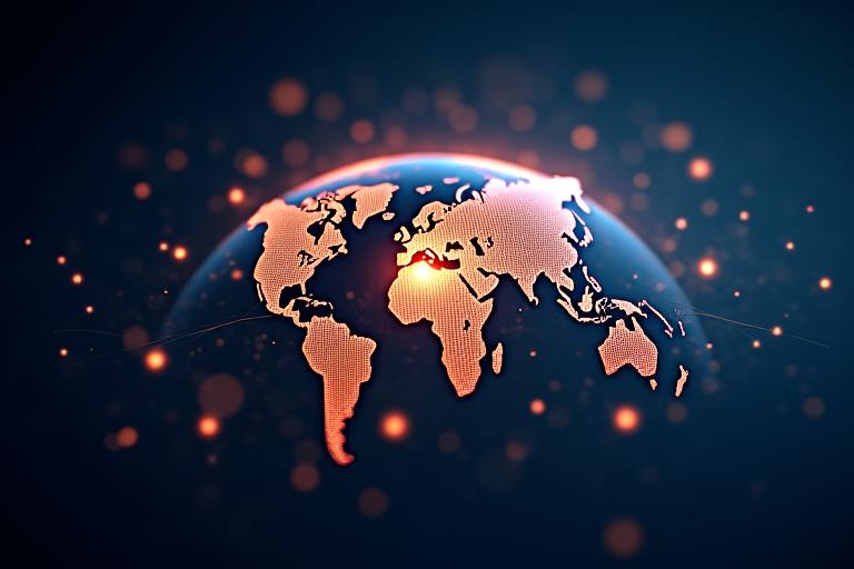 World map with interconnected lines and glowing dots, symbolizing 24/7 global support and communication network for Elysian Journeys concierge services.
