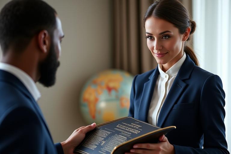 Luxury travel concierge assisting a client with travel documents and a globe in the background, symbolizing comprehensive travel support.