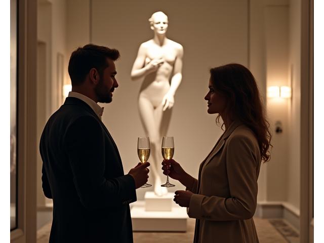 Elegant couple attending a private art gallery opening in London, champagne in hand