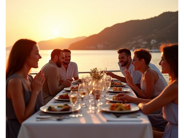 Large family enjoying a gourmet meal on a luxury yacht deck in the Mediterranean