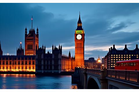 Iconic London skyline at dusk with Big Ben and the Houses of Parliament