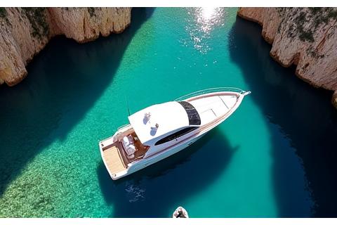 Luxury yacht anchored in a serene, hidden Mediterranean cove