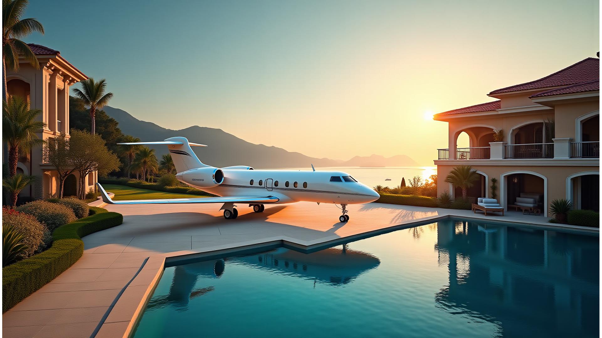 Ultra-luxury private jet parked on tarmac next to a grand European villa with a beautiful yacht visible in the distance, bathed in golden hour light