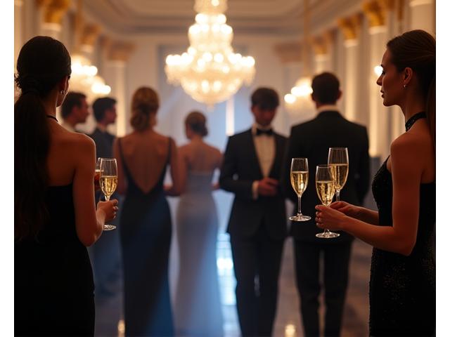 People elegantly dressed attending a high-society event in a grand London venue