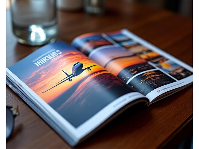 Open luxury travel magazine with private jet on the cover