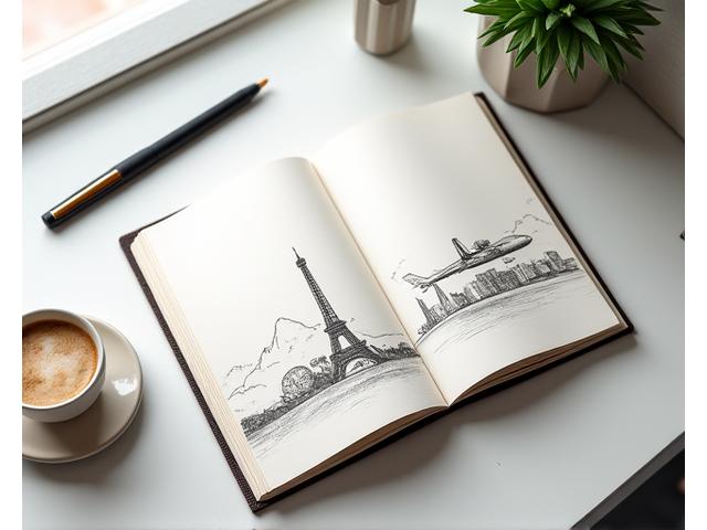 Open travel planner with luxury destinations and artisanal coffee