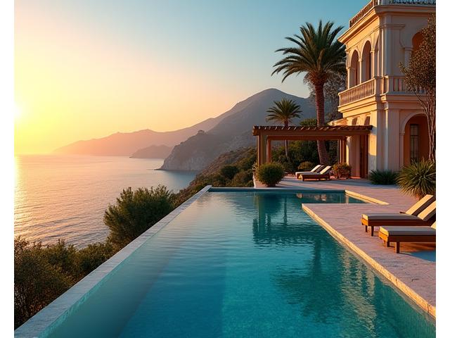 Opulent Mediterranean villa overlooking the sea at sunset
