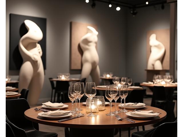 Private dinner at an exclusive art gallery with modern sculptures