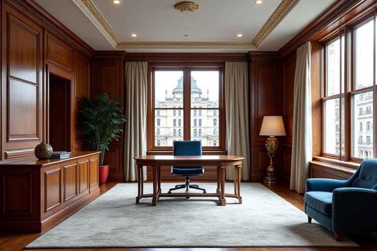 Elegant interior of a luxurious London office in St. James's Square, showcasing classic architecture
