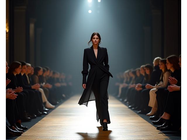 Models on a runway during London Fashion Week, bathed in dramatic light.
