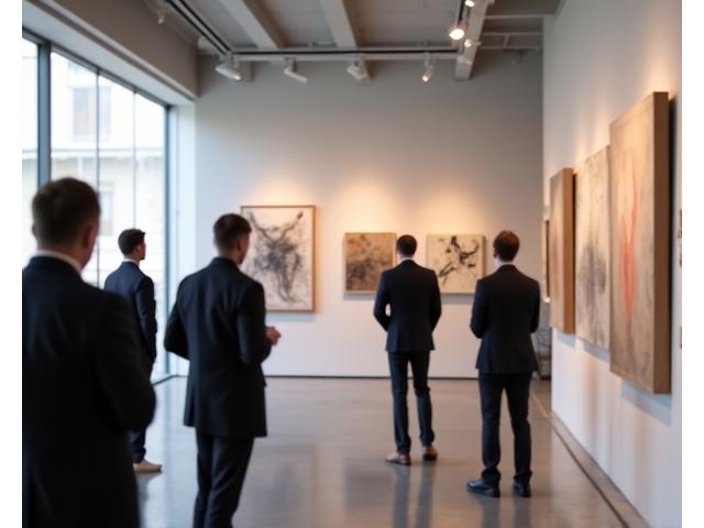 Guests observing modern art pieces at an exclusive art gallery opening.