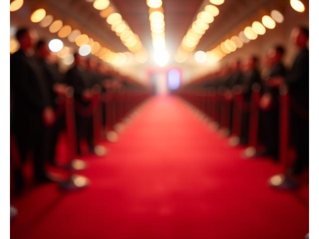 A celebrity walking down a red carpet at a film premiere, with bright lights and photographers.