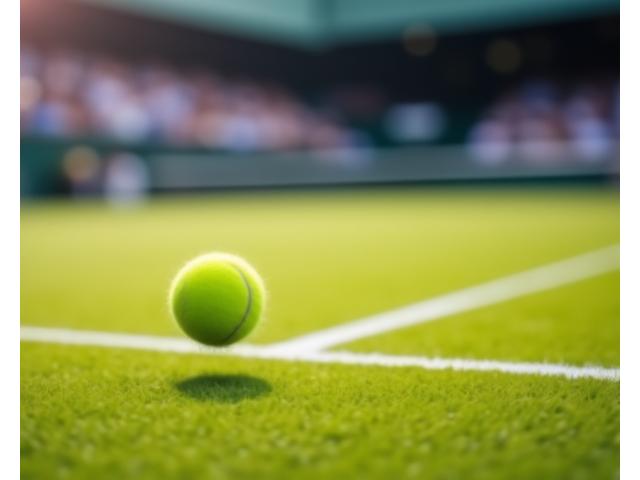 A tennis match in progress on Centre Court at Wimbledon, with spectators in the background.