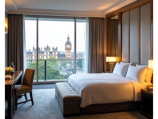 A lavish suite in a five-star London hotel with city views.