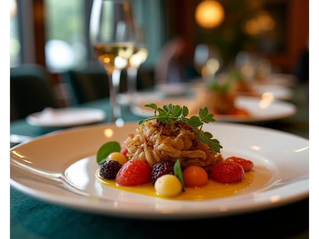 An elegantly plated dish in a Michelin-starred restaurant with soft lighting.