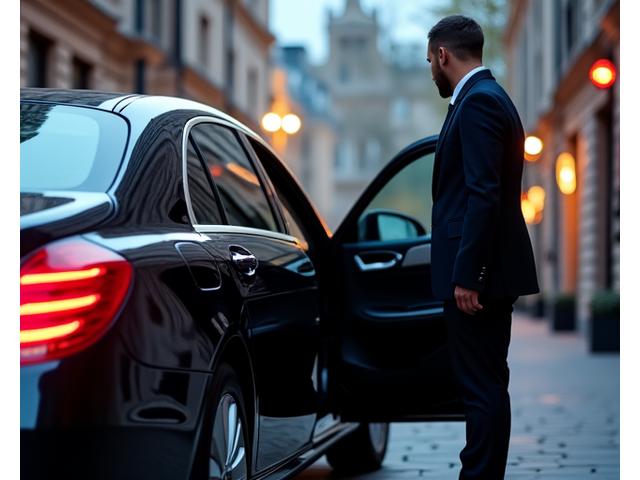 A sleek black luxury car with a uniformed chauffeur opening the door.