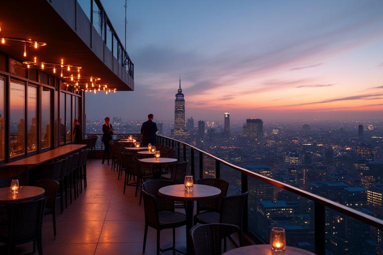 A luxury rooftop bar in London with city skyline views at sunset.