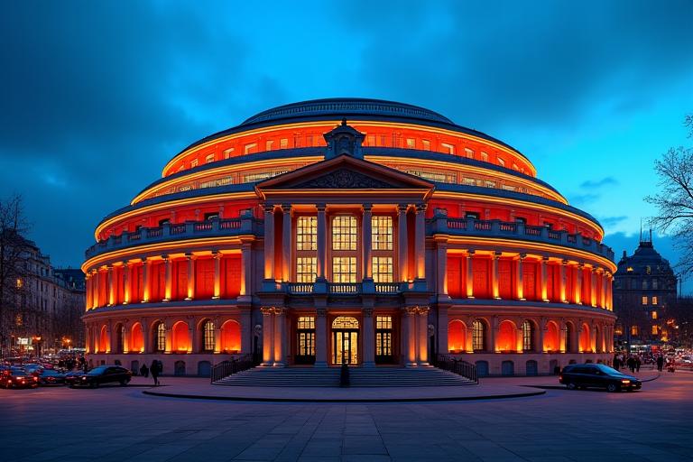 The exterior of the majestic Royal Albert Hall at dusk, illuminated.