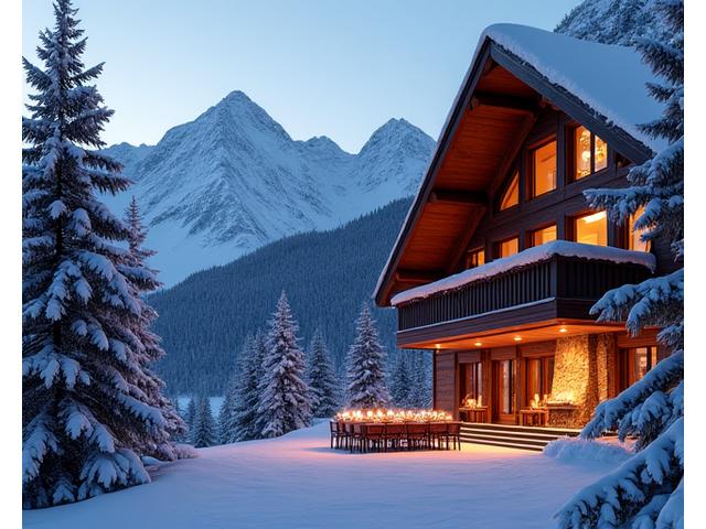 Chalet in the Swiss Alps with snowy peaks and a cozy interior at dusk