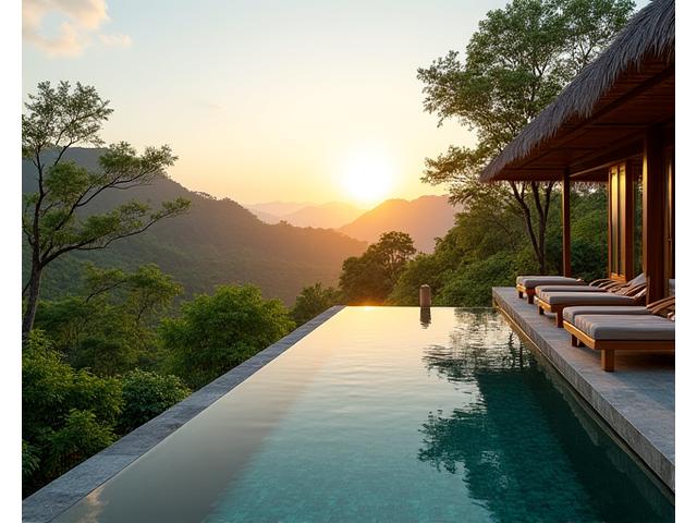 Private villa in Bali with an infinity pool overlooking rice terraces and lush jungle at sunrise
