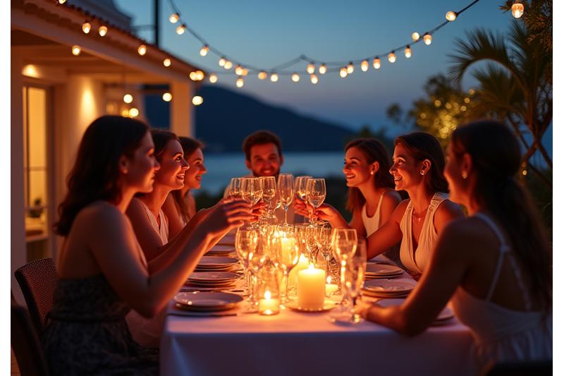 Group of friends celebrating a milestone event on a villa terrace at dusk, with ambient lighting
