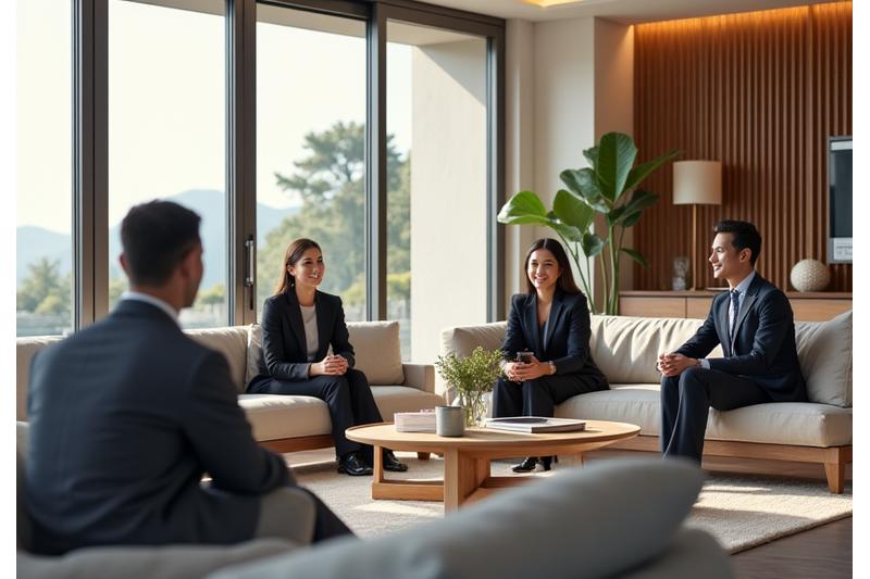 Business executives collaborating in a spacious, modern luxury villa living area, designed for productivity