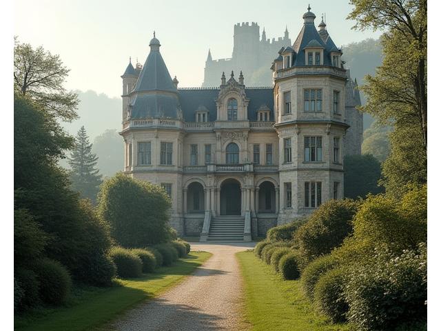 Ancient historic castle in European countryside with towers and lush gardens