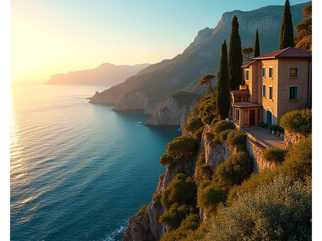 Clifftop villa overlooking the Mediterranean Sea in Tuscany with olive groves and cypress trees