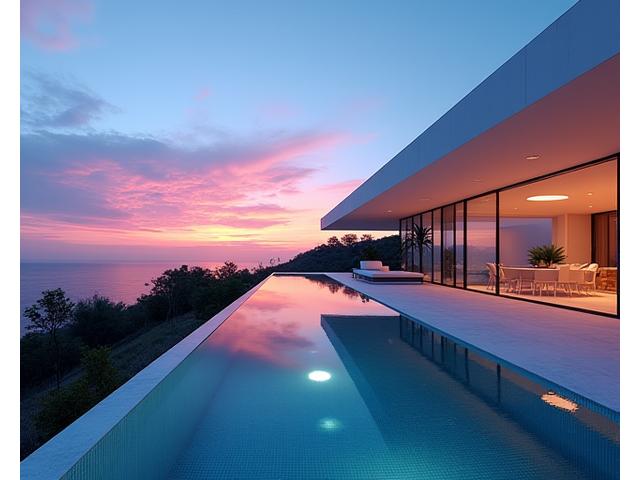 Modern luxury villa with sleek design, large glass windows, and infinity pool at sunset