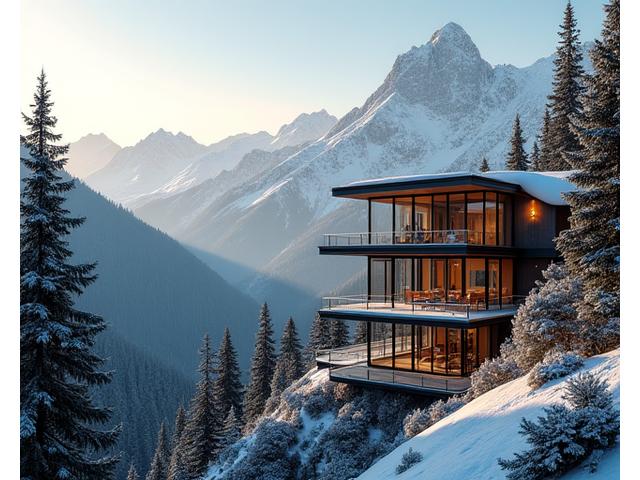Luxurious mountain estate with panoramic views of snow-capped peaks and vast landscapes