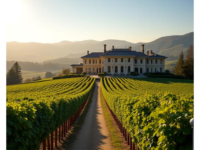 Vineyard mansion in Napa Valley with rolling hills covered in grapevines and a clear sky