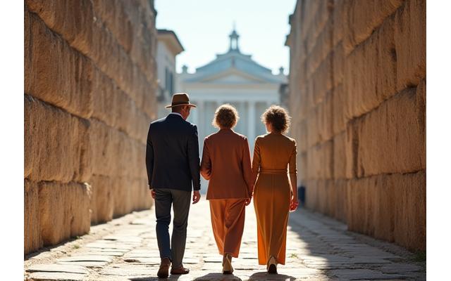 A knowledgeable private guide leading two impeccably dressed travelers through the ancient ruins of Pompeii, capturing a moment of exclusive cultural exploration.