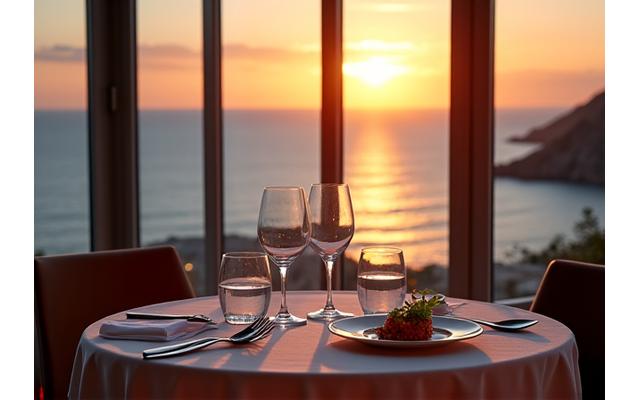 A beautifully styled table setting at a Michelin-starred coastal restaurant, with a panoramic view of the sea through large windows, suggesting gourmet dining opportunities ashore.