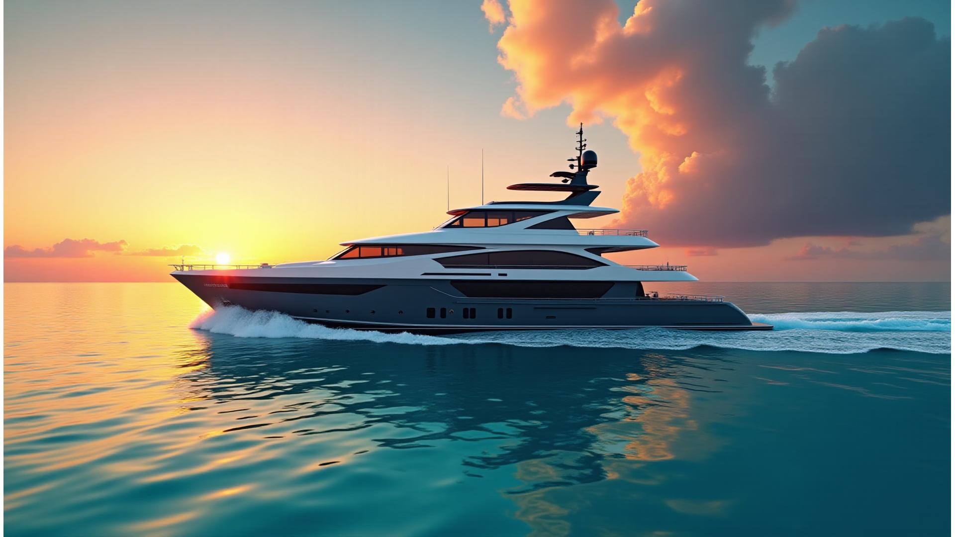 A stunning superyacht cruising through crystal-clear turquoise waters at sunset, with a vibrant sky reflecting in the water, conveying ultimate freedom and privacy.