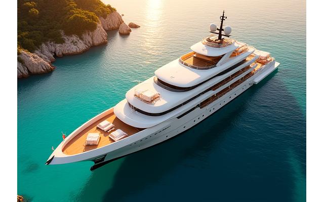 A magnificent mega yacht docked in a pristine Mediterranean harbor, showcasing its grandeur with several decks, a helipad, and luxurious outdoor lounging areas.