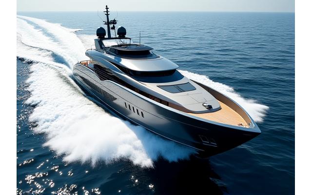 A powerful, modern motor yacht with multiple decks, cruising at speed through open ocean, leaving a white wake behind it.