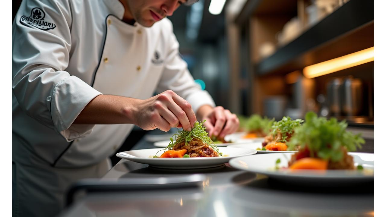 A Michelin-star level chef meticulously plating a gourmet meal in a shining, modern yacht kitchen, symbolizing personalized culinary excellence.