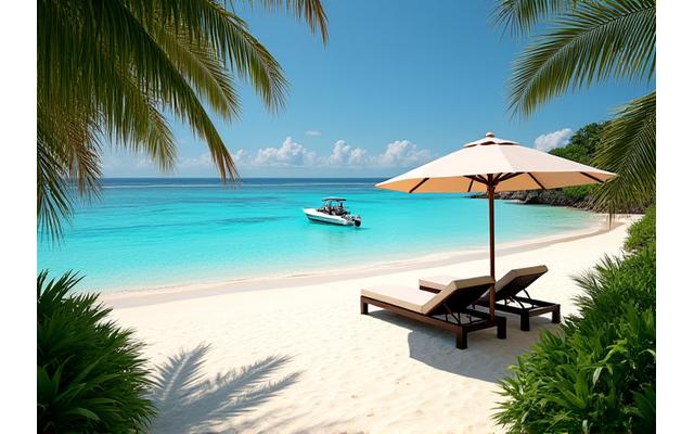 A pristine, secluded white-sand beach with crystal-clear water, accessible only by yacht, featuring a private setup with luxury loungers and umbrellas.