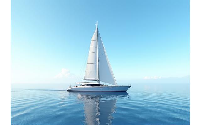 A sleek luxury sailing yacht with white sails unfurled, gliding gracefully across calm blue waters under a clear sky.