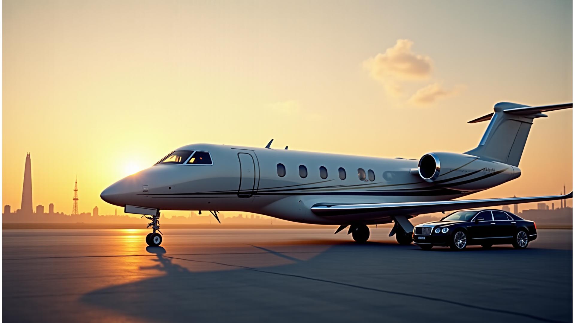 Luxury private jet parked on a runway at sunset, with London in the distance