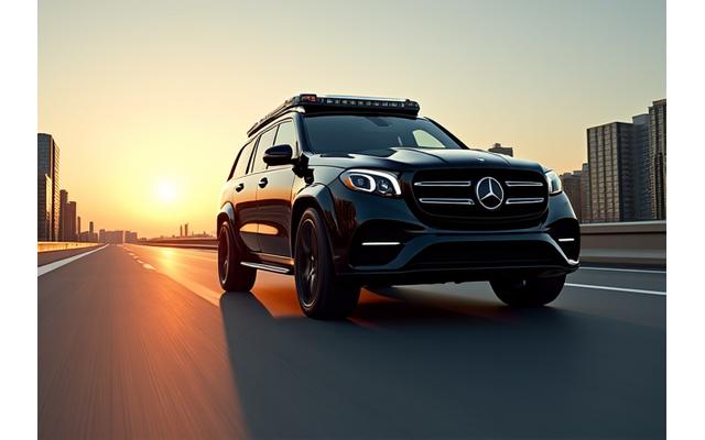 Sleek, black armored luxury SUV driving through a city street, emphasizing security and discretion.