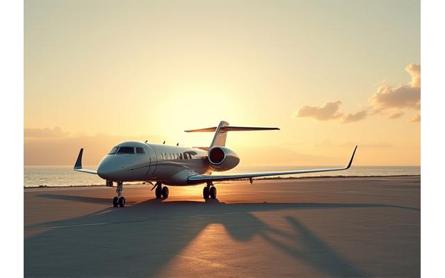A private jet on a runway with a luxury yacht docked in a serene bay in the background at sunset, symbolizing secure global luxury travel.