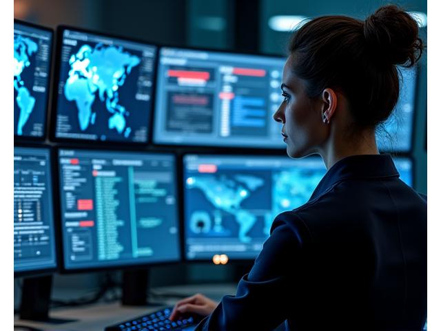 A security analyst reviewing data on multiple screens, showing maps and threat indicators, representing intelligence gathering and strategic planning.