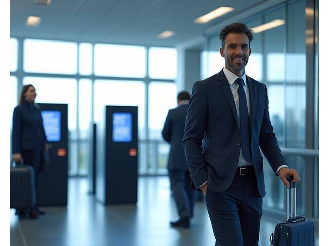 A traveler effortlessly passing through an automated Global Entry kiosk at an airport, depicting speed and convenience.