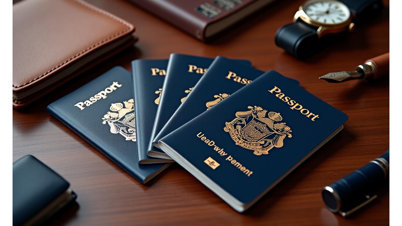 Close-up of a meticulously organized collection of passports, visas, and essential travel documents resting on a rich mahogany desk, symbolizing precision and global access.